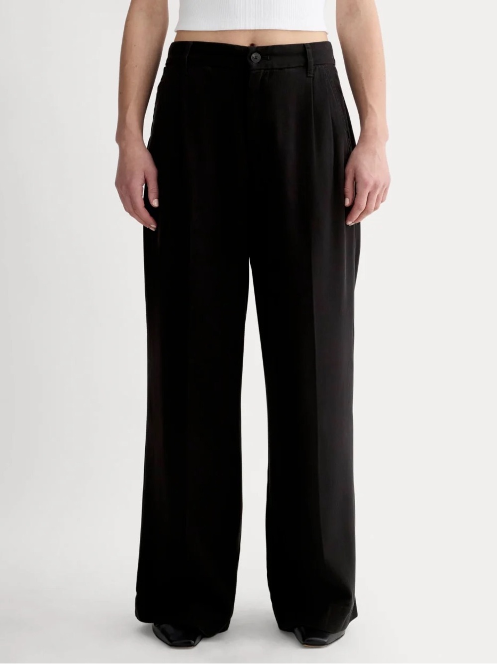 Everlane The Trouser Buttersoft front pleats elastic back waist black Sz 16 NWT
